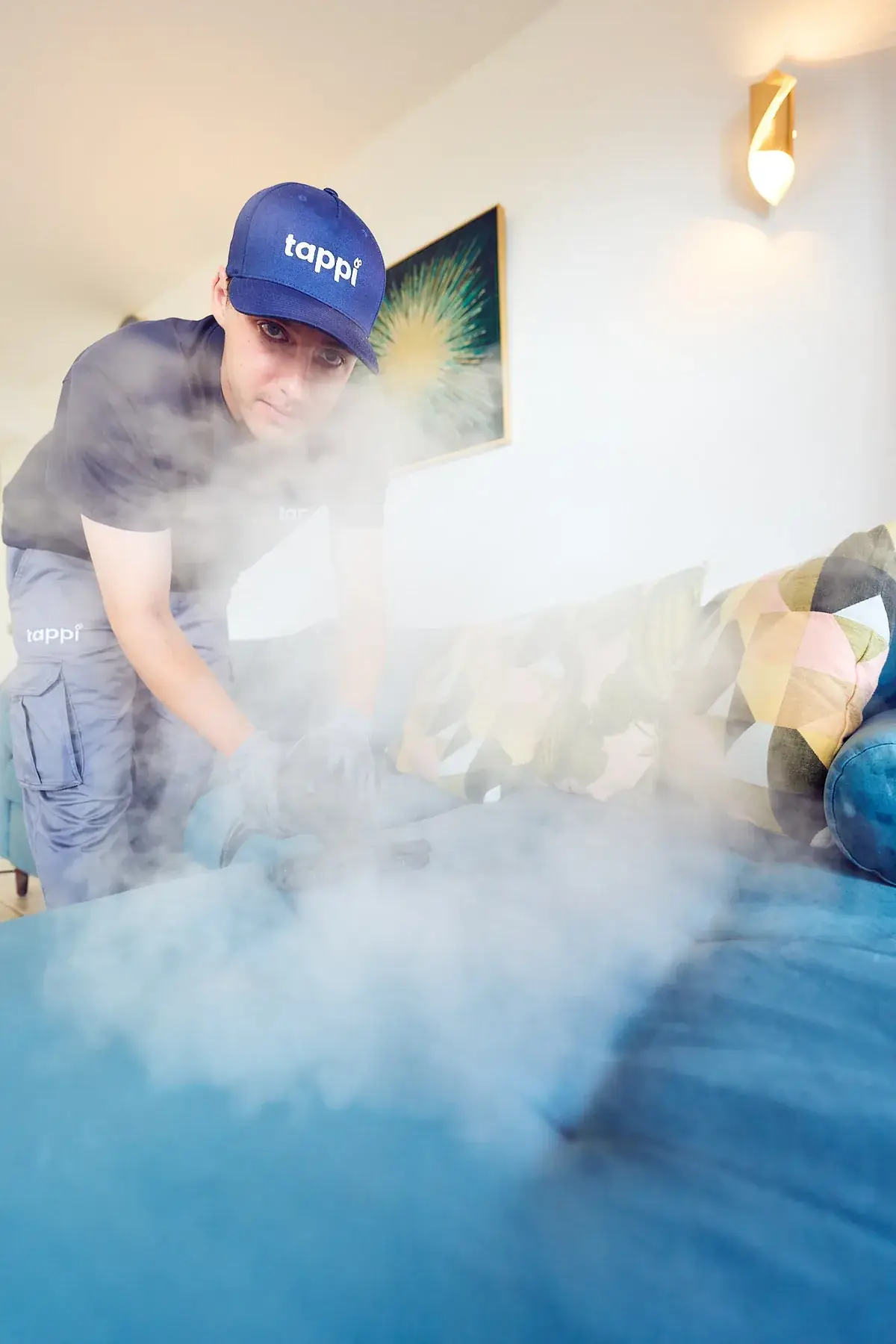 Tratamiento de vapor contra ácaros en un sofá